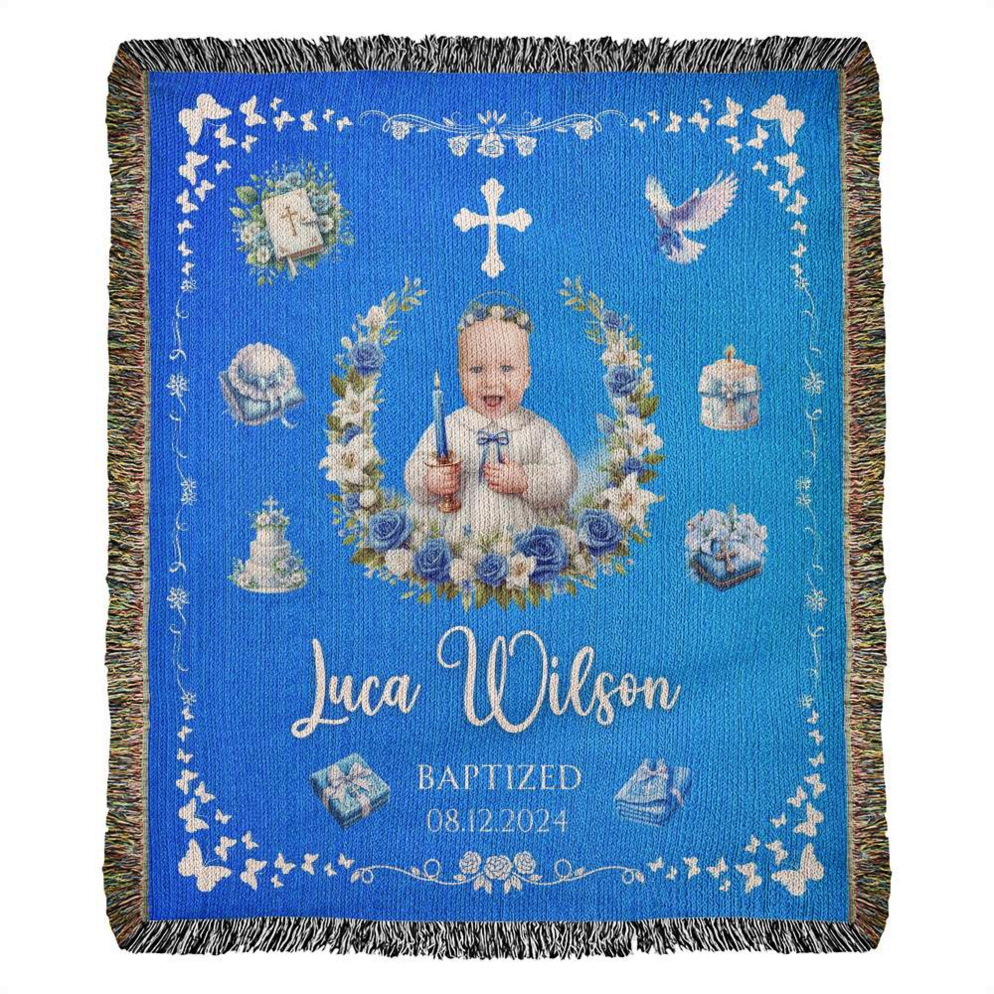 Personalized Baptism Gift for Boy Woven Blanket