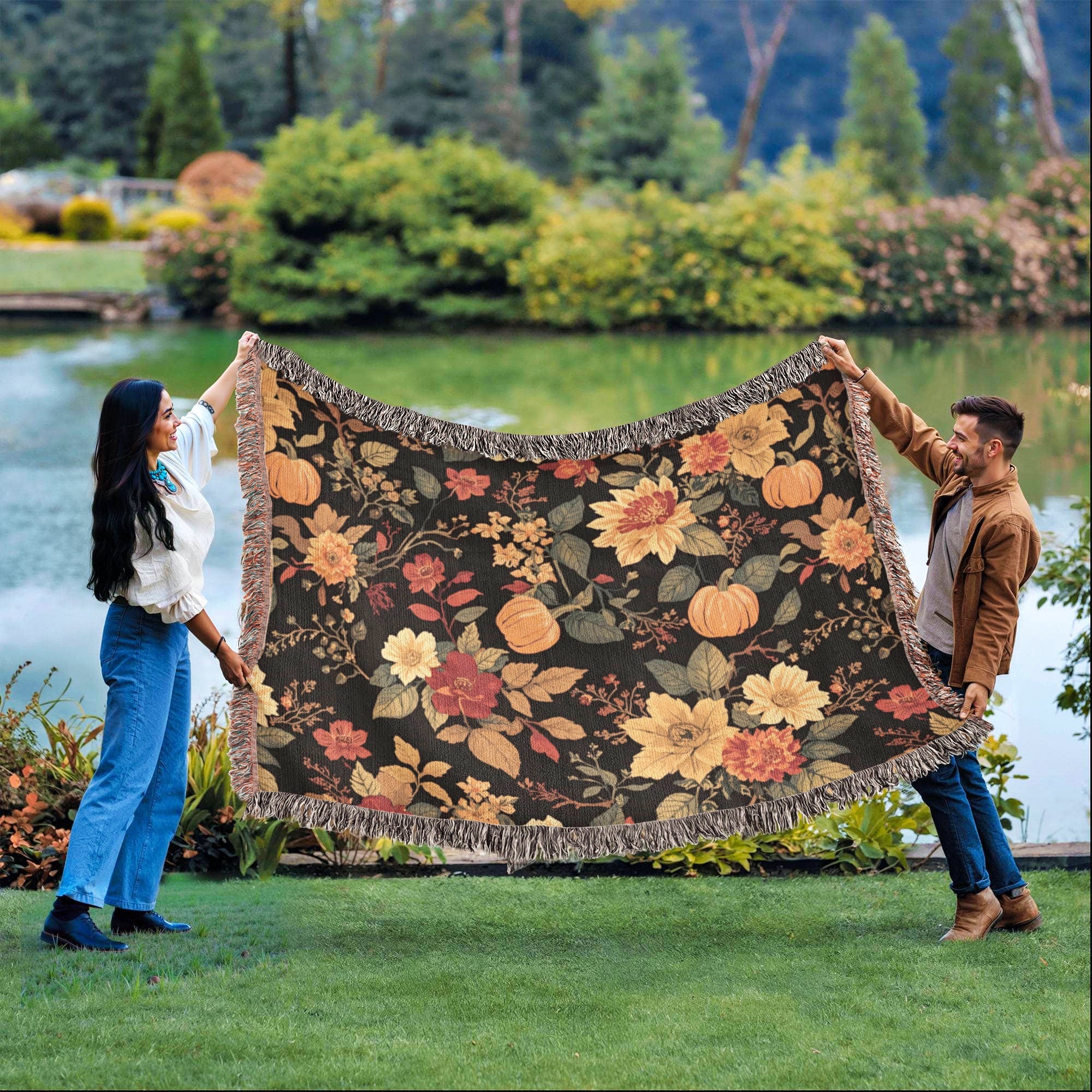 Two people holding up a floral-patterned blanket outdoors by a lake.