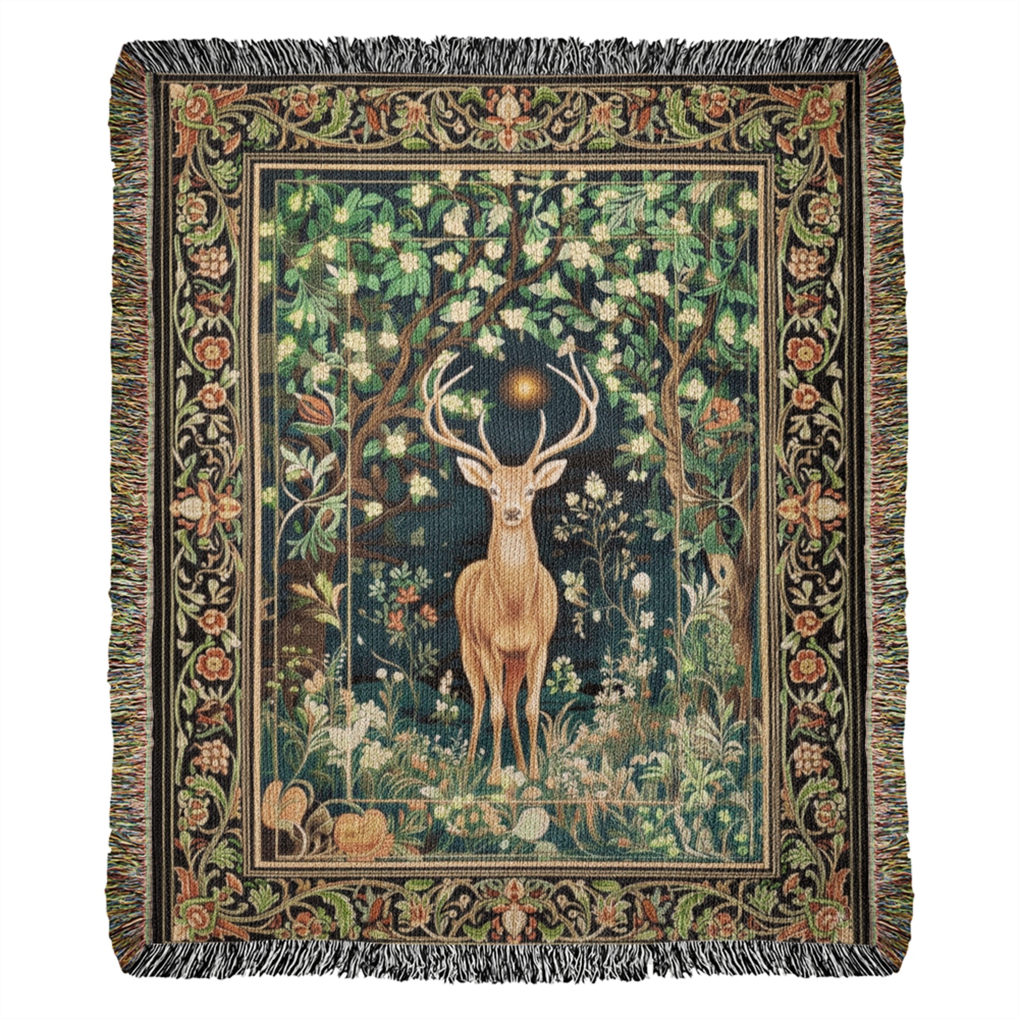 Decorative blanket with a deer in a forest design on a white background