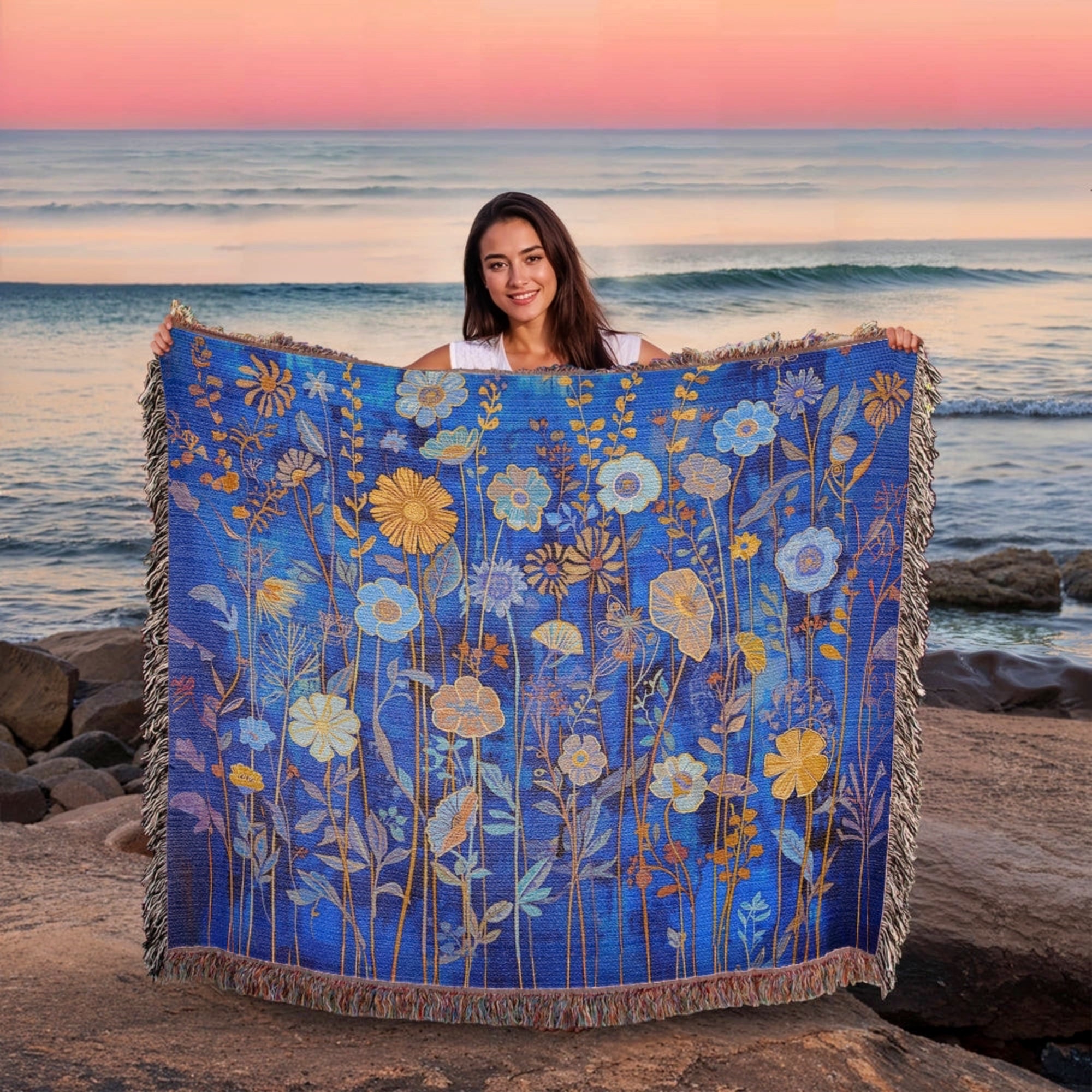 Klimt Flowers Woven Throw Blanket Bedroom Decor