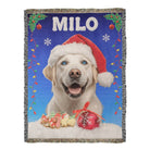 Christmas-themed blanket with a dog wearing a Santa hat and ornaments.