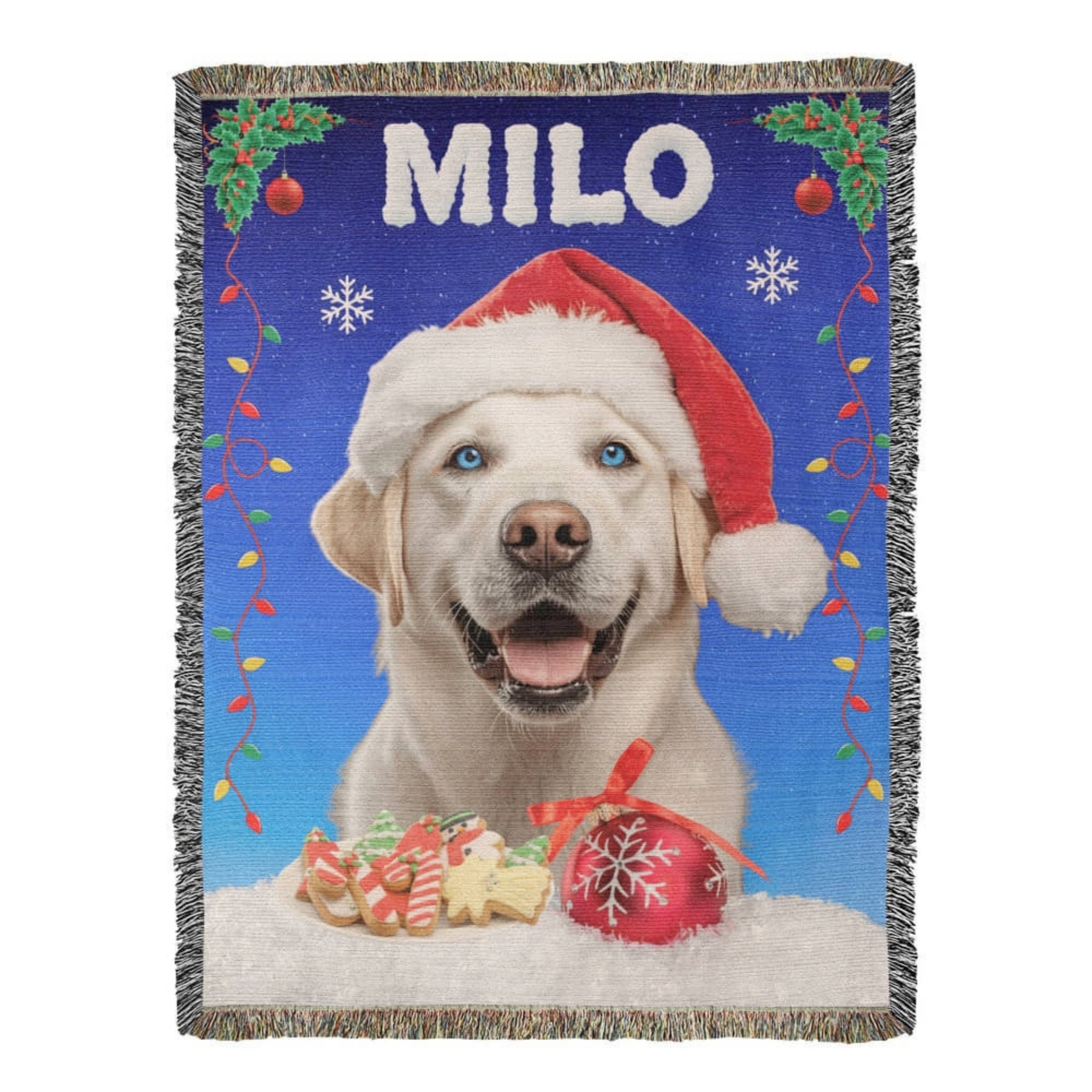 Christmas-themed blanket with a dog wearing a Santa hat and ornaments.