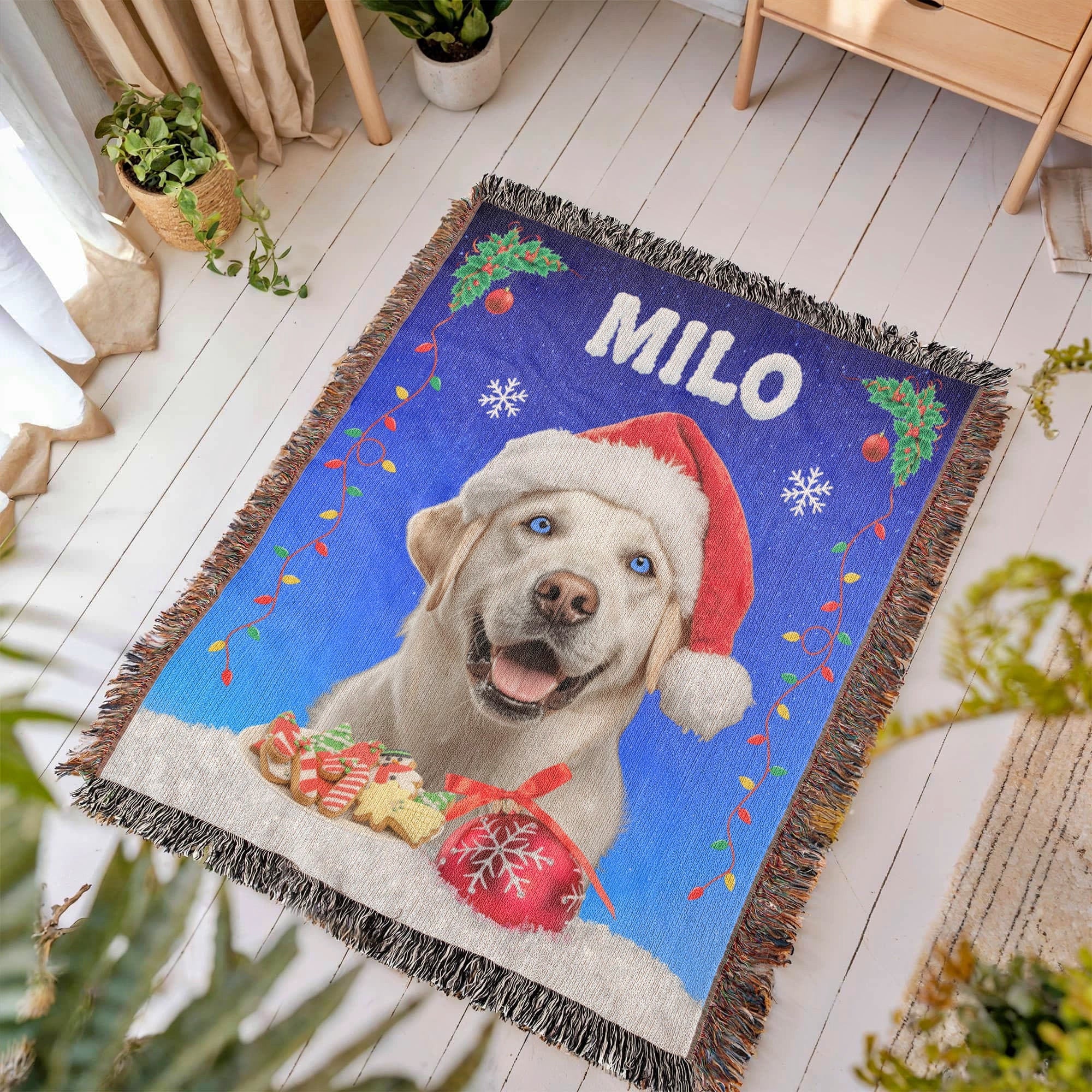 Personalized Christmas-themed blanket with a dog wearing a Santa hat on a wooden floor.