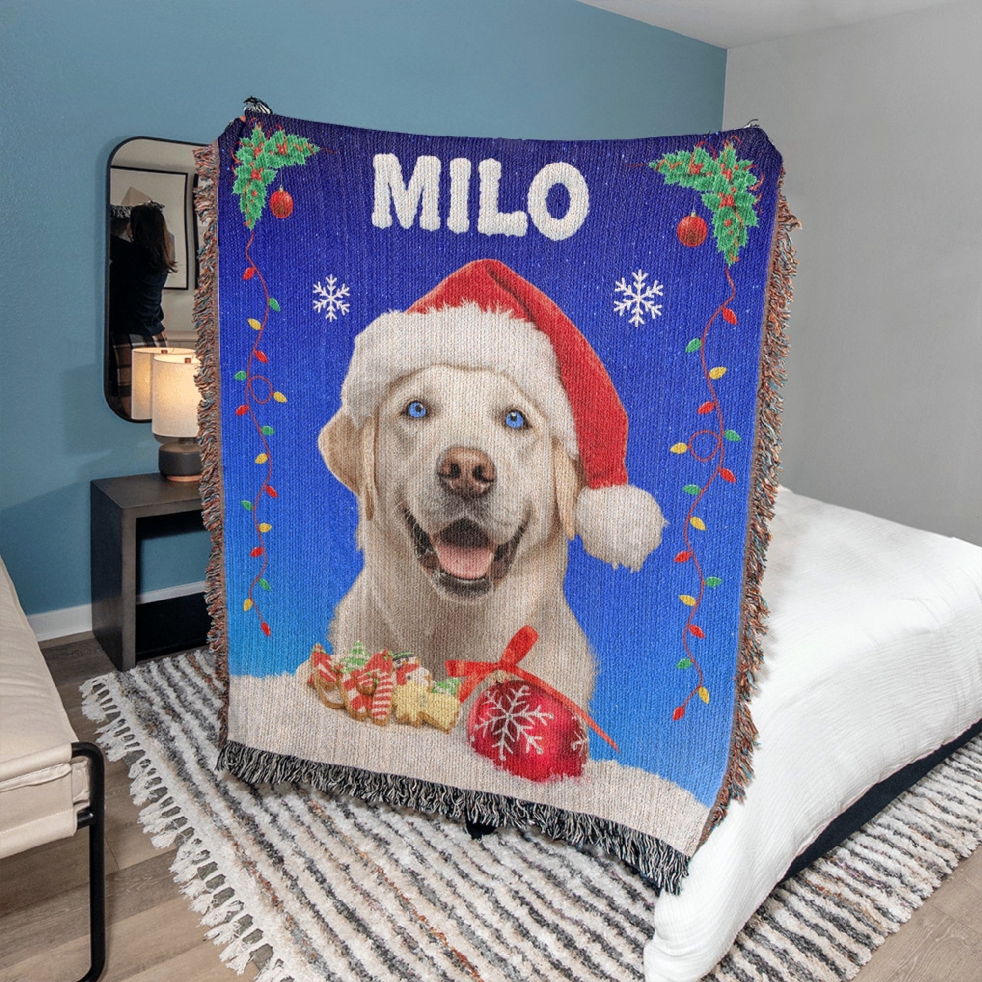 Christmas-themed blanket with a dog wearing a Santa hat and the name 'Milo' displayed.