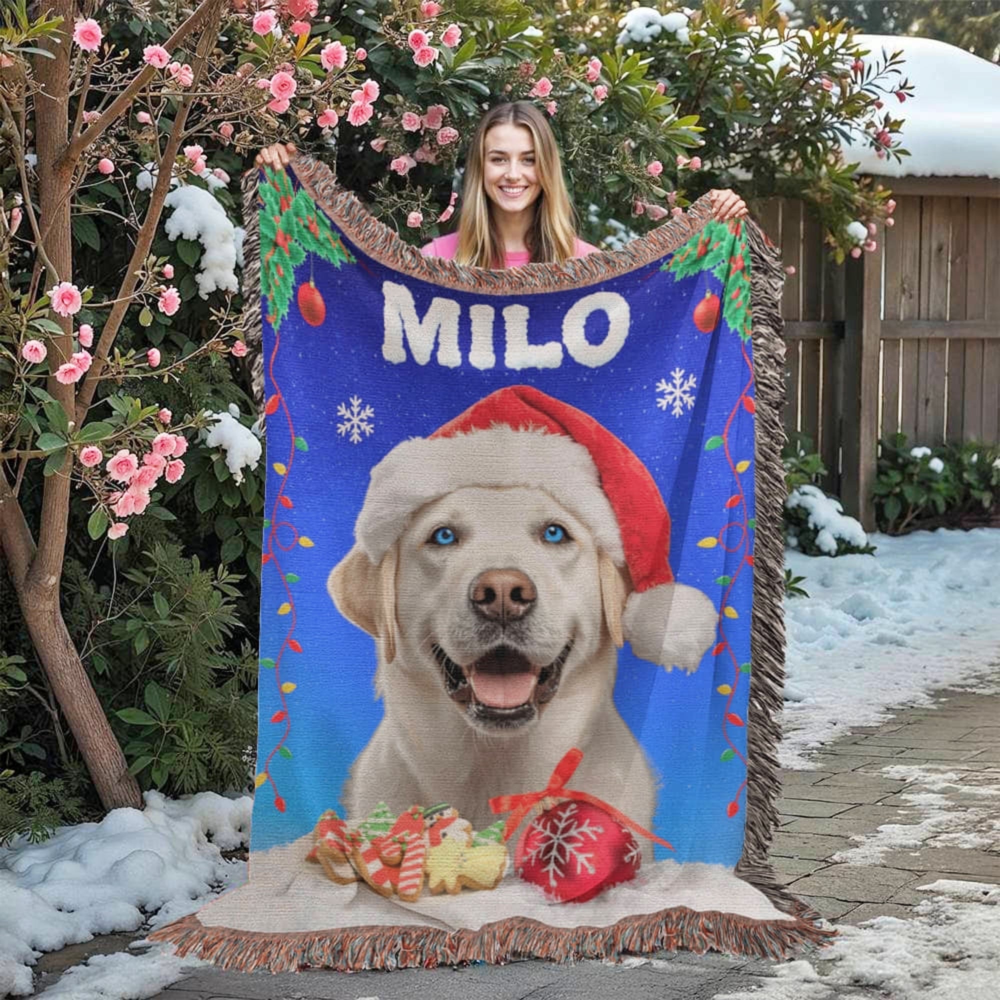 Person holding a blanket with a dog wearing a Santa hat and the name 'Milo'.