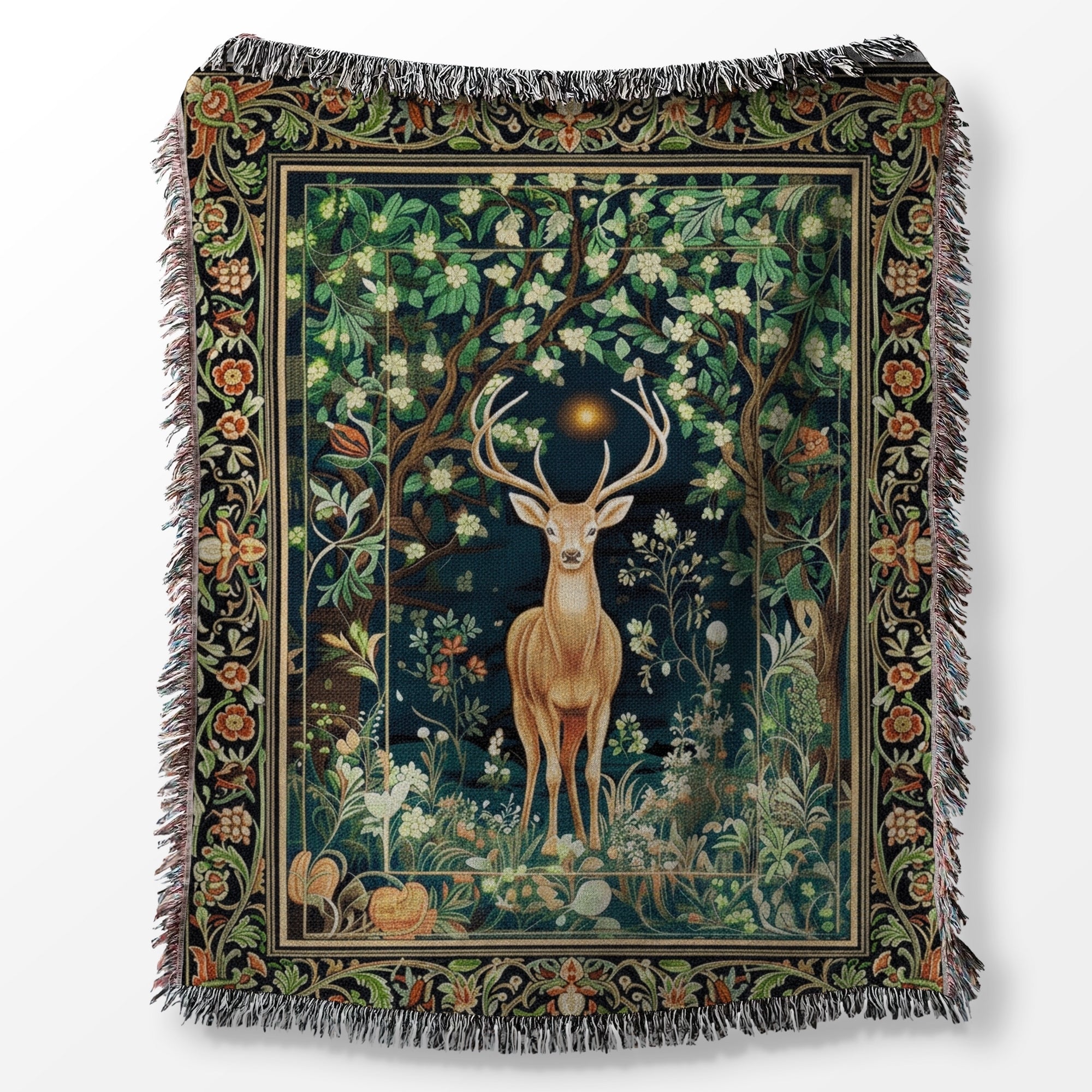 Decorative throw blanket with a deer in a forest design on a white background
