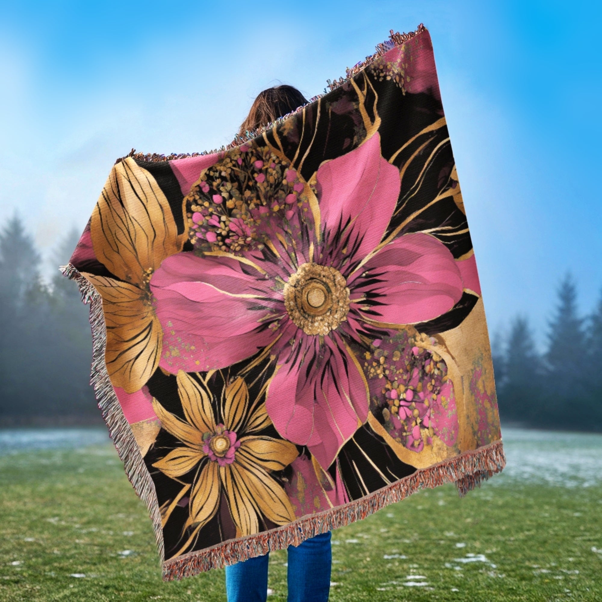 Pink Gold Boho Flowers Cozy Woven Throw Blanket