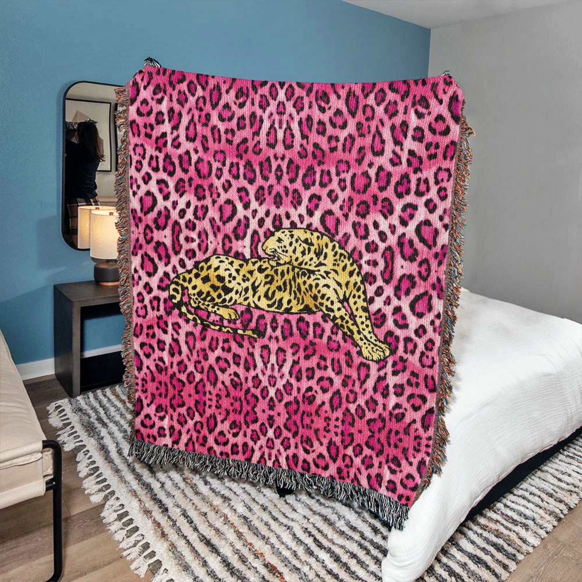 Pink Leopard Print Woven Cotton Throw Blanket