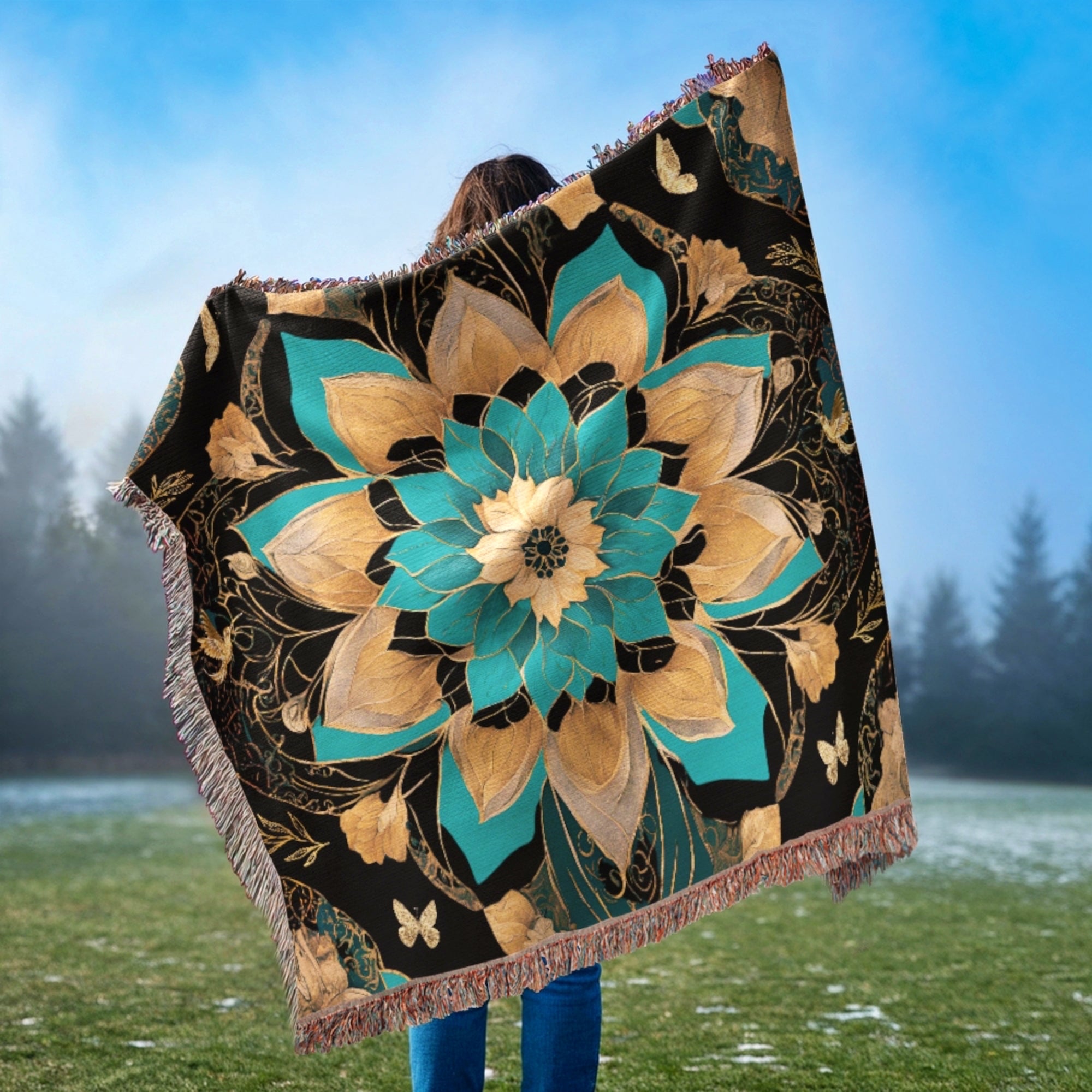 Cozy Teal Gold Boho Floral Woven Cotton Throw Blanket