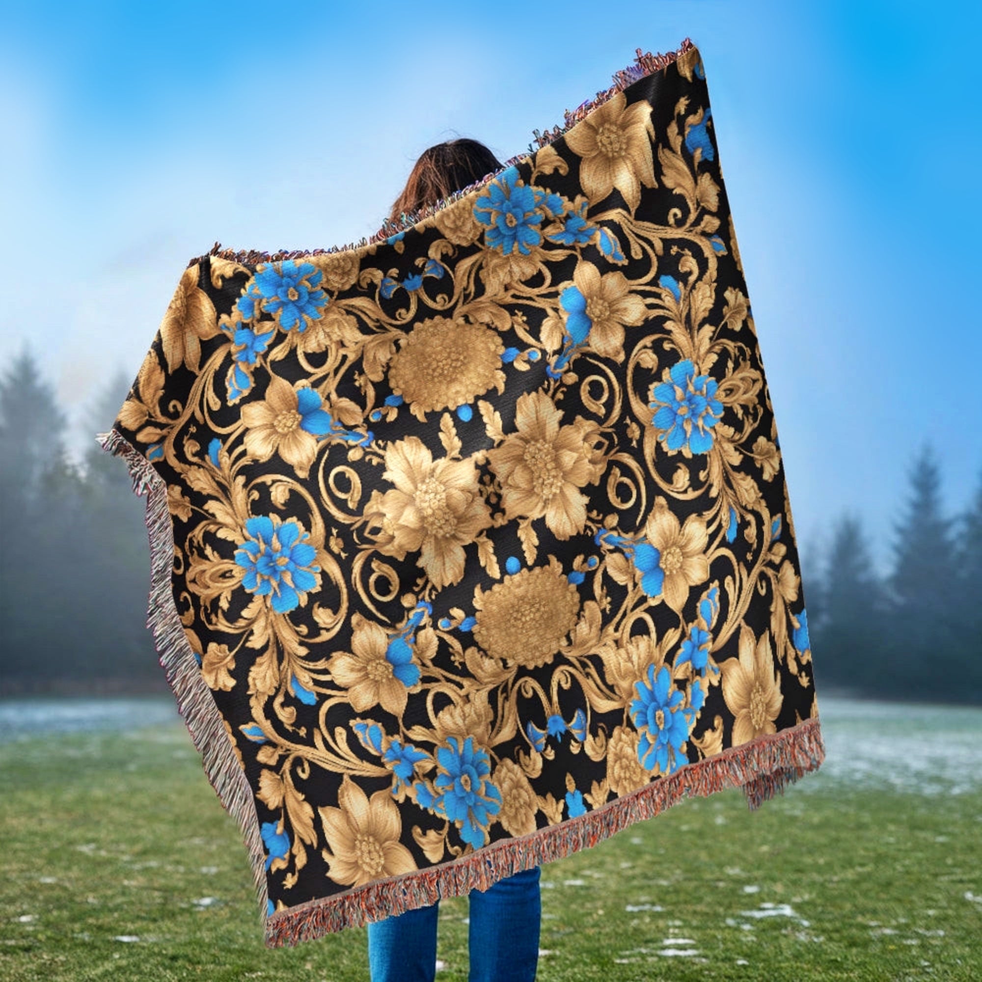 Luxury Baroque Style Blue &amp; Gold Floral Blanket Throw