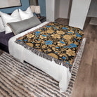 Luxury Baroque Style Blue Gold Floral Blanket Throw Sofa Bed Cover