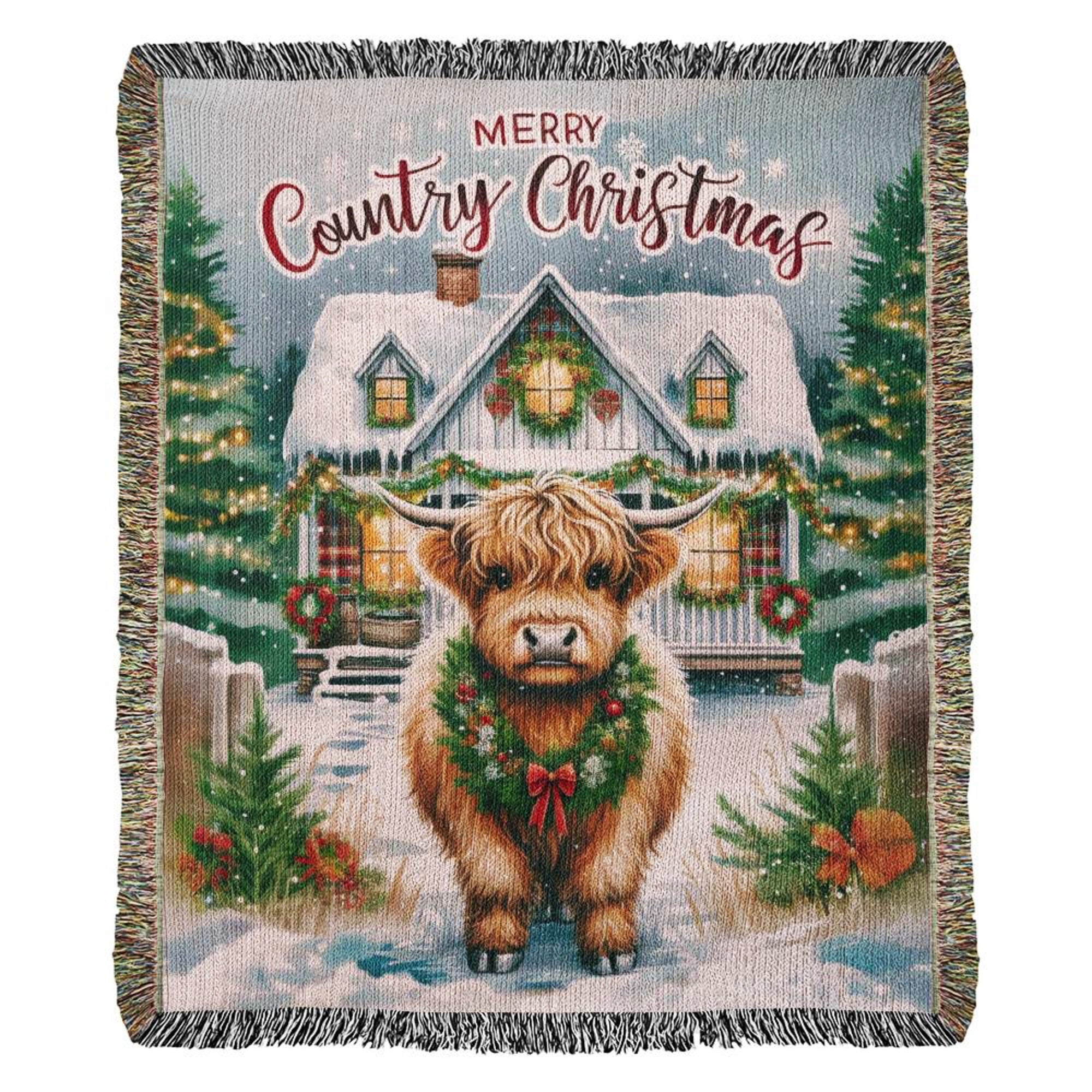 Vintage Christmas Highland Cow Throw Gift