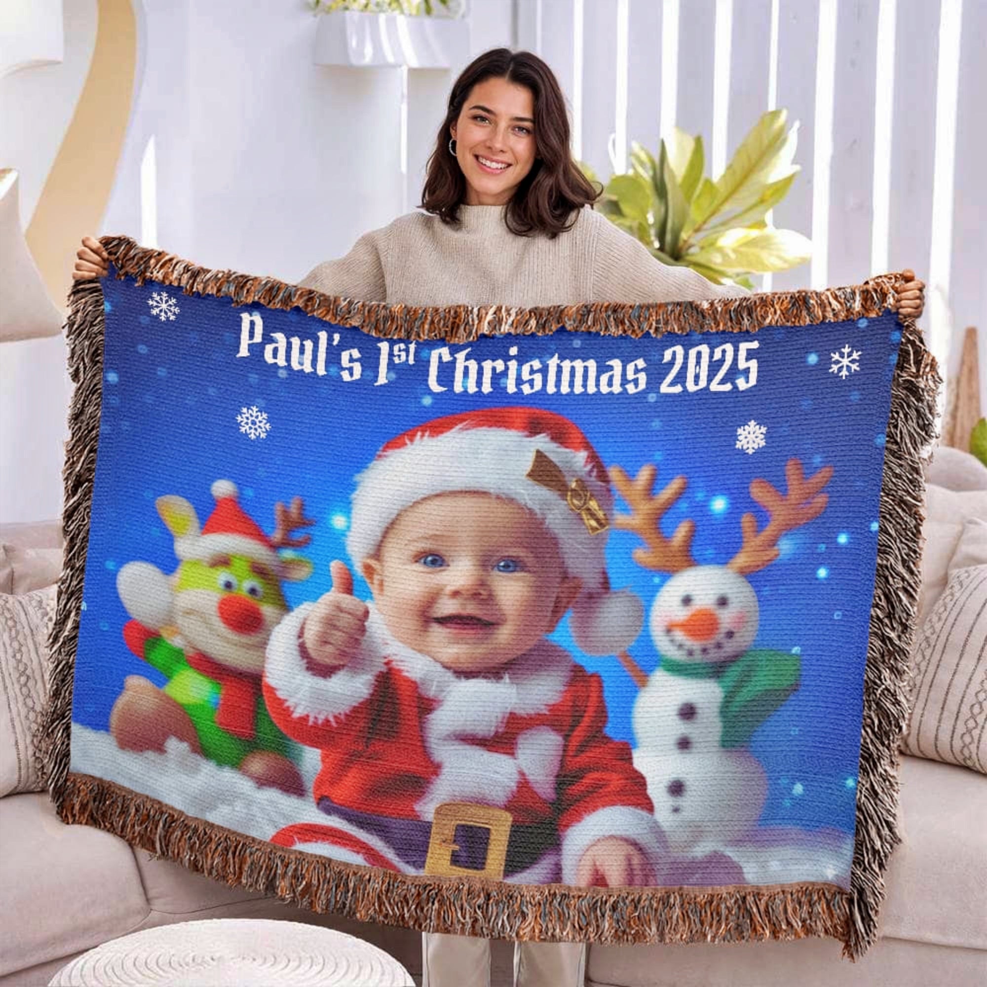 Custom Baby Photo &amp; Name First Christmas Blanket
