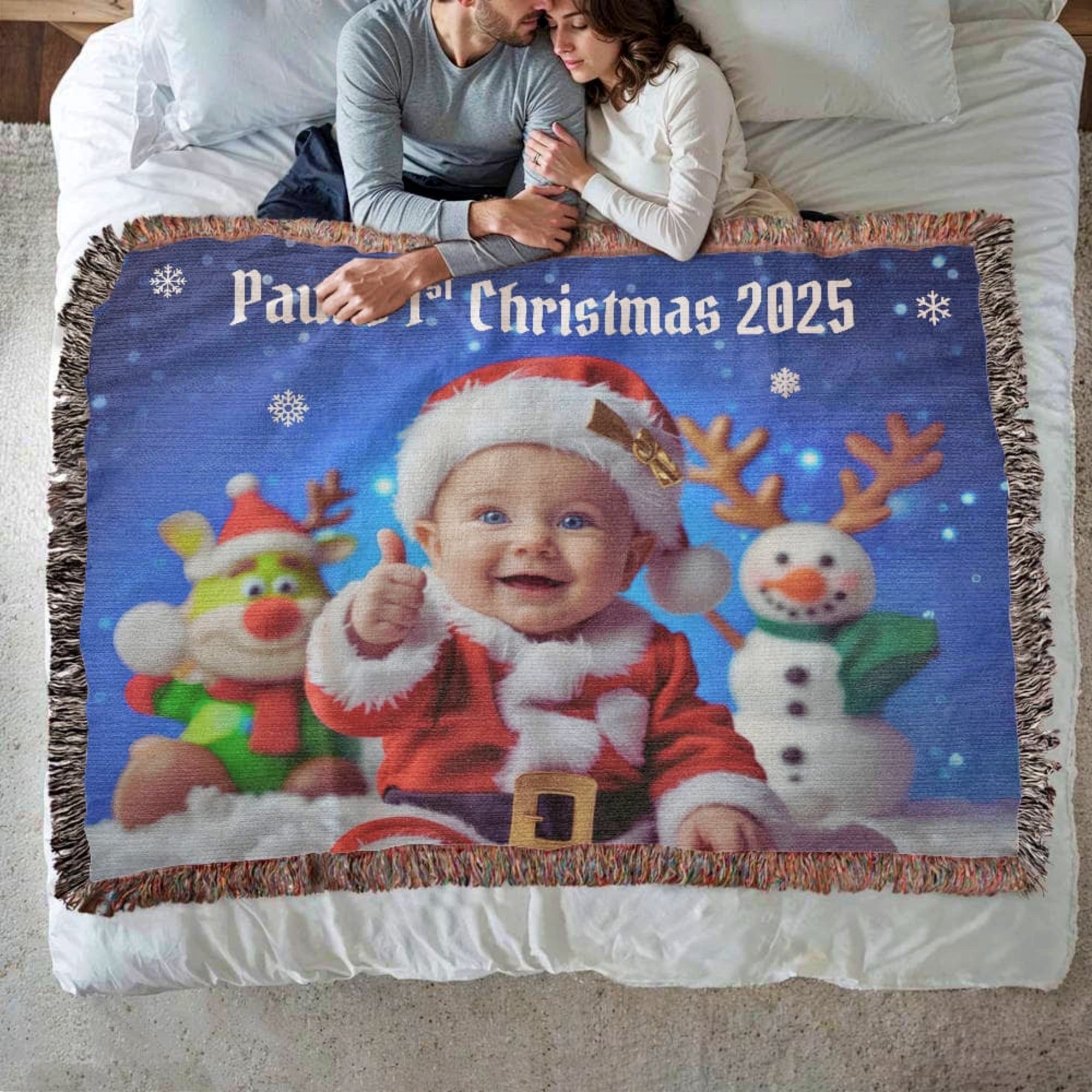 Personalized Christmas blanket with a child in Santa Claus outfit, reindeer, and snowman, featuring 'Happy Christmas 2025'.