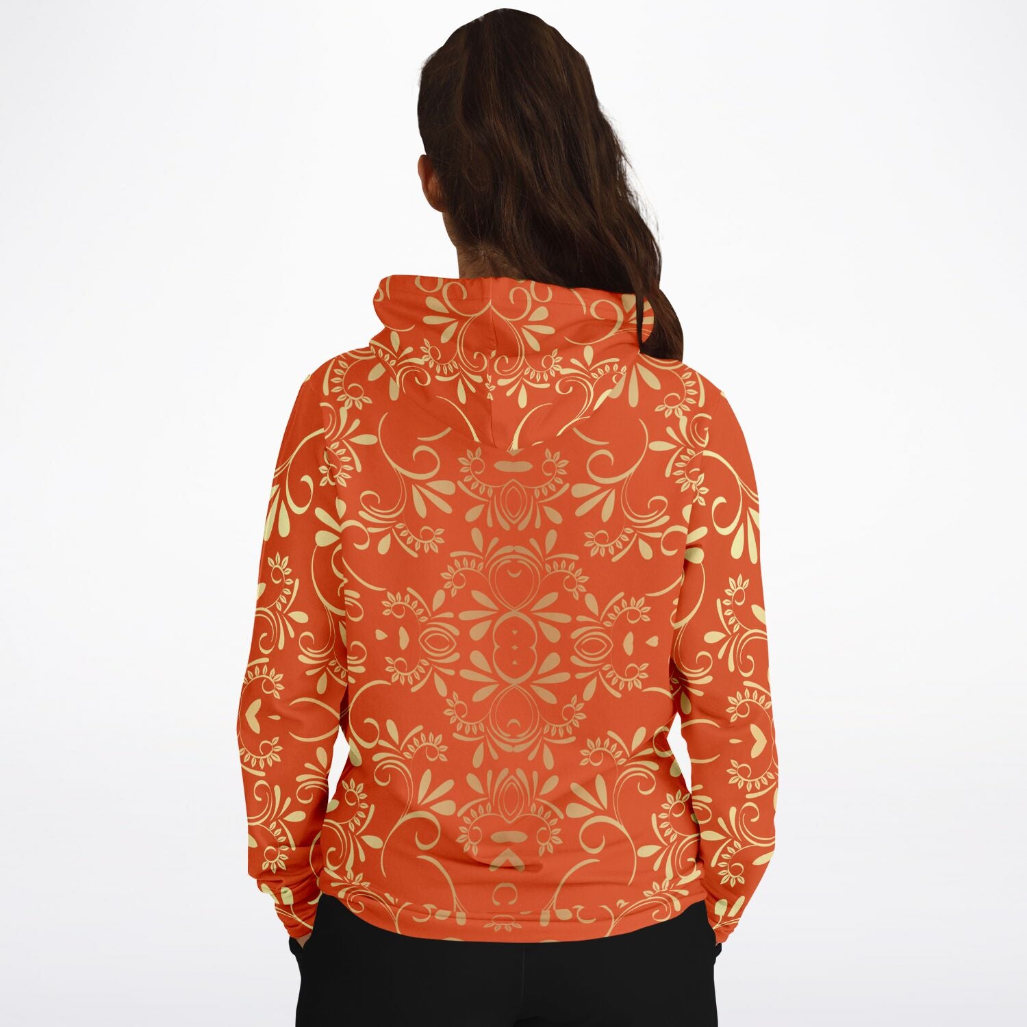 orange hoodie with Victorian pattern
