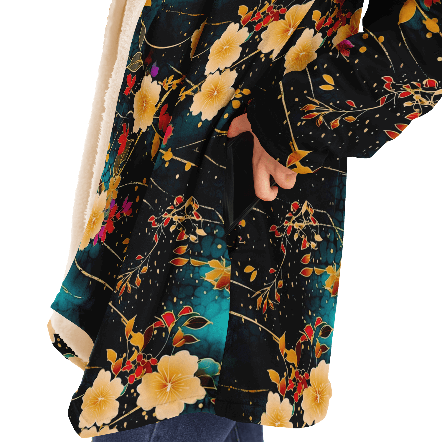 Chiyogami Flowers Print Luxury Cloak with Hood - ELIVIOR