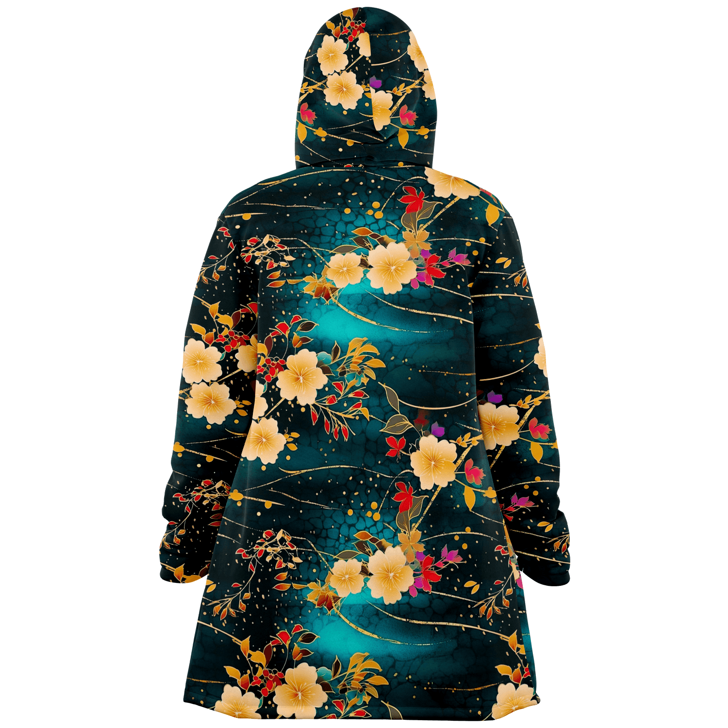 Chiyogami Flowers Print Luxury Cloak with Hood - ELIVIOR